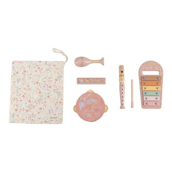 Conjunto Musical Safari Friends com cinco instrumentos infantis e bolsa de arrumação, ideal para desenvolver o ritmo, a criatividade e a coordenação motora das crianças rosa.