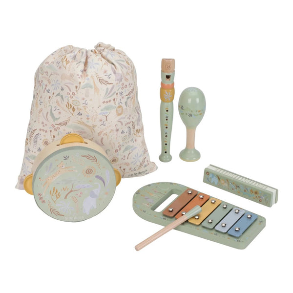 Conjunto Musical Safari Friends com cinco instrumentos infantis e bolsa de arrumação, ideal para desenvolver o ritmo, a criatividade e a coordenação motora das crianças verde.