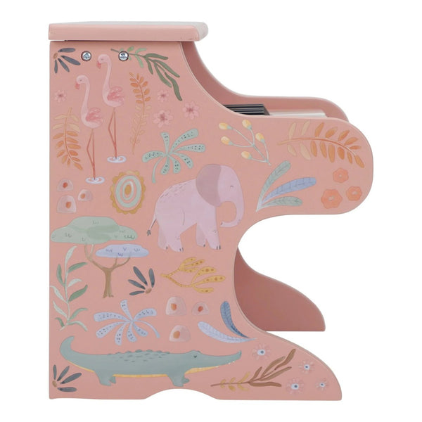 Piano de madeira Safari Friends com 11 teclas e melodias integradas, ideal para estimular a criatividade, o ritmo e a iniciação musical das crianças rosa.