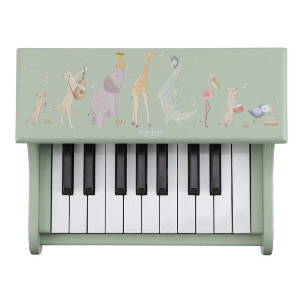Piano de madeira Safari Friends com 11 teclas e melodias integradas, ideal para estimular a criatividade, o ritmo e a iniciação musical das crianças verde.