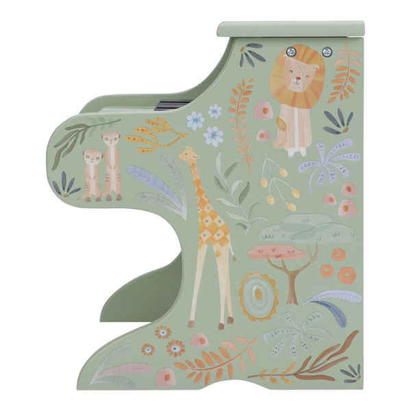 Piano de madeira Safari Friends com 11 teclas e melodias integradas, ideal para estimular a criatividade, o ritmo e a iniciação musical das crianças verde.