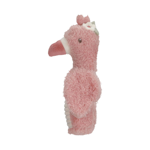 Roca Flamingo Safari Friends em poliéster macio com chocalho, fácil de agarrar e indicada para estimular os sentidos do bebé desde o nascimento.