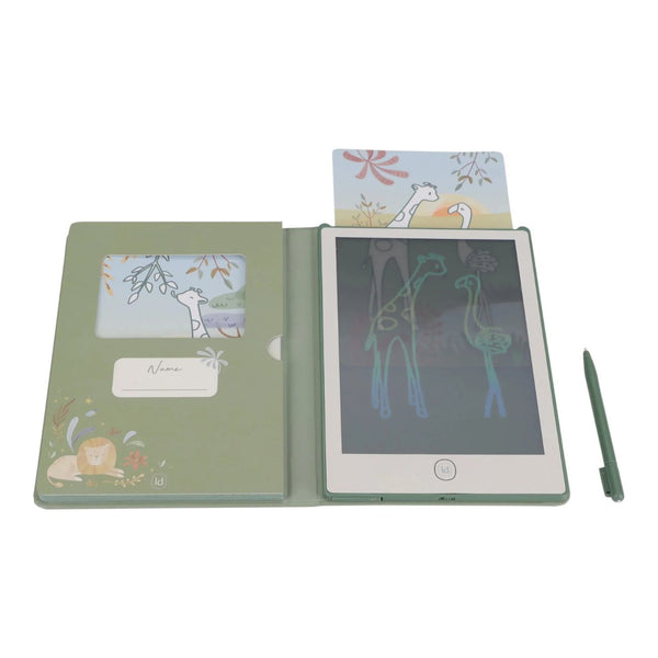 Tablet mágico de desenho infantil com caneta e 30 cartões de atividades, ideal para estimular a criatividade, coordenação motora e imaginação das crianças.