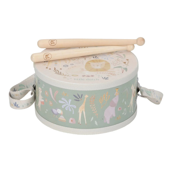 Tambor infantil Safari Friends com duas baquetas e alça para o pescoço, ideal para estimular o ritmo, a criatividade e a iniciação musical das crianças.