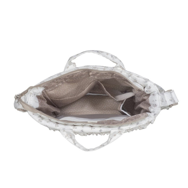 Mala de Maternidade Botton Walking Mum com padrão floral, tecido de algodão impermeável, bolso térmico, fixação ao carrinho e muda-fraldas incluído.