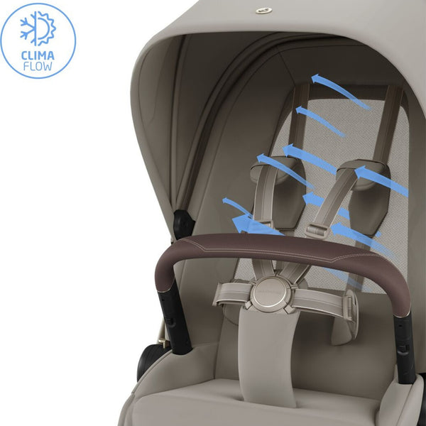 Carrinho Maxi-Cosi Fame com assento reclinável, sistema LumiRide LED, suspensão CosiCruise, apoio de braços e compatibilidade com cadeiras auto SlideTech® saphire sand