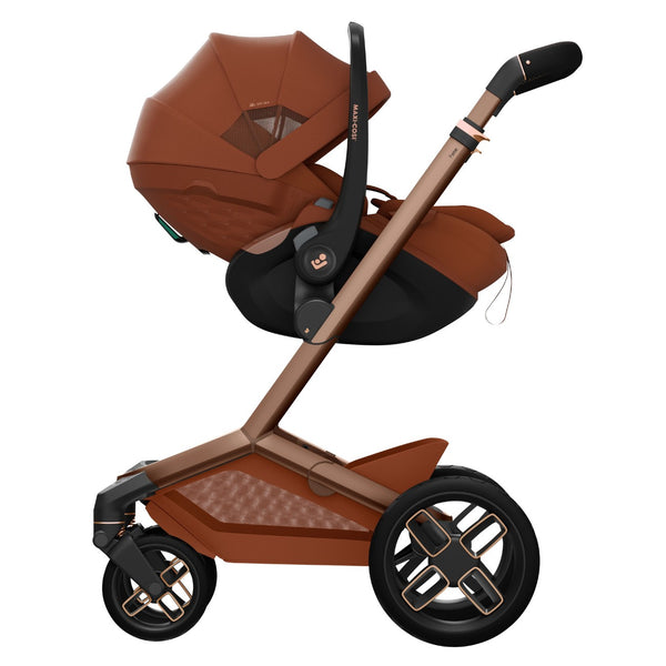 Maxi-Cosi Fame Trio Premium com carrinho Fame, Alcofa Fame, Pebble Slide Pro², Base FamilyFix Slide Pro e adaptadores, sistema de viagem completo com tecnologia SlideTech®, reclinação totalmente deitada, ISOFIX e conforto premium desde o nascimento copper terra