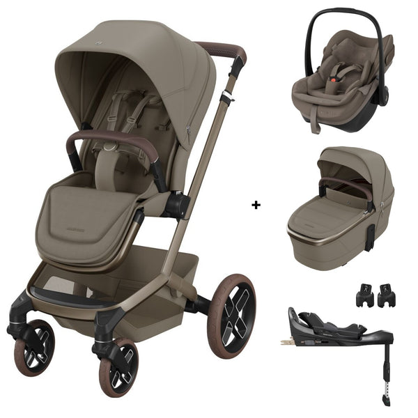 Maxi-Cosi Fame Trio Premium com carrinho Fame, Alcofa Fame, Pebble Slide Pro², Base FamilyFix Slide Pro e adaptadores, sistema de viagem completo com tecnologia SlideTech®, reclinação totalmente deitada, ISOFIX e conforto premium desde o nascimento OAK truffle