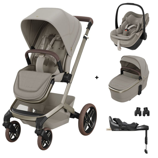 Maxi-Cosi Fame Trio Premium com carrinho Fame, Alcofa Fame, Pebble Slide Pro², Base FamilyFix Slide Pro e adaptadores, sistema de viagem completo com tecnologia SlideTech®, reclinação totalmente deitada, ISOFIX e conforto premium desde o nascimento saphire sand