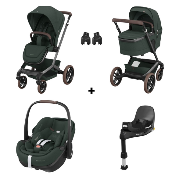MAXI-COSI FAME TRIO + BASE com carrinho Fame, alcofa ajustável em altura, cadeira auto Pebble 360 Pro², base ISOFIX FamilyFix 360 Pro com certificação AGR e sistema de viagem completo desde o nascimento. Twillic Green