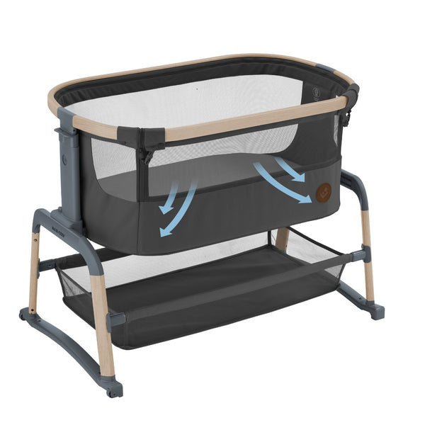 Berço co-sleeper Maxi-Cosi Iora Air com colchão confortável e malha respirável na cor Beyond graphite eco