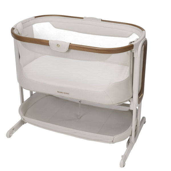 Berço co-sleeper Maxi-Cosi Iora Pro com colchão CloudCore, função de embalar, malha respirável 360°, ajuste de altura e conversão para berço autónomo cor beige