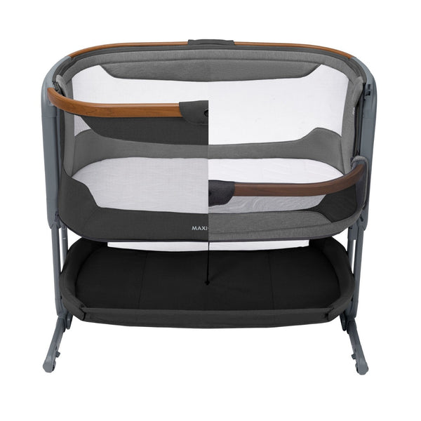 Berço co-sleeper Maxi-Cosi Iora Pro com colchão CloudCore, função de embalar, malha respirável 360°, ajuste de altura e conversão para berço autónomo cor graphite