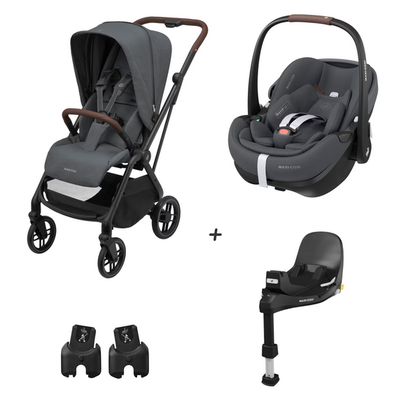 MAXI-COSI LEONA 2 DUO + BASE com carrinho compacto Leona 2, cadeira auto Pebble 360 Pro², base ISOFIX FamilyFix 360 Pro e adaptadores. Sistema de viagem leve, seguro e confortável desde o nascimento até aos 22 kg. Graphite