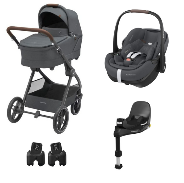 MAXI-COSI OXFORD PLUS com carrinho de bebé, alcofa Sense, cadeira auto Pebble 360 Pro², base FamilyFix 360 Pro e adaptadores. Sistema de viagem completo desde o nascimento até aos 22 kg. Twillic Graphite