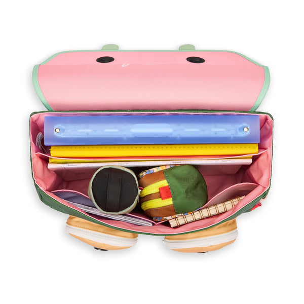 Mochila Horizontal Grande Hello Hossy em poliéster reciclado, impermeável, com formato dossier A4, costas acolchoadas e respiráveis, fecho magnético reforçado e bolsos organizadores para crianças a partir dos 6 anos. Mini Bubblegum