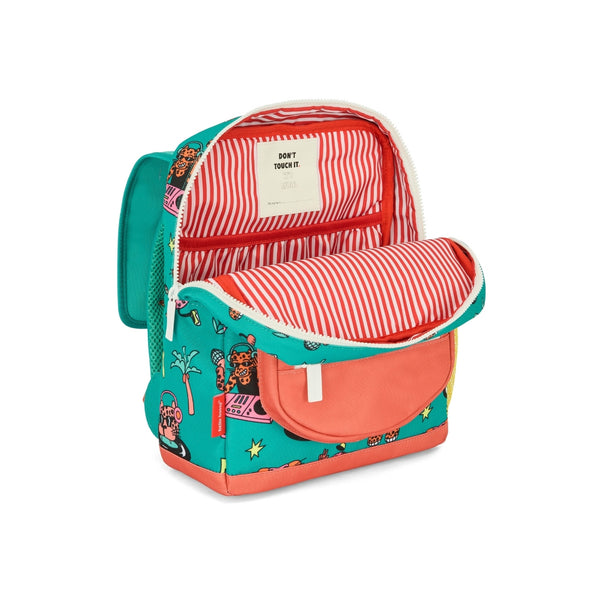 Mochila Pequena Quadrada Hello Hossy em poliéster reciclado, impermeável, com compartimento para cadernos A4, bolso para garrafa de água, alças acolchoadas e capacidade de 7,3 L para crianças dos 2 aos 5 anos. Disco Roar
