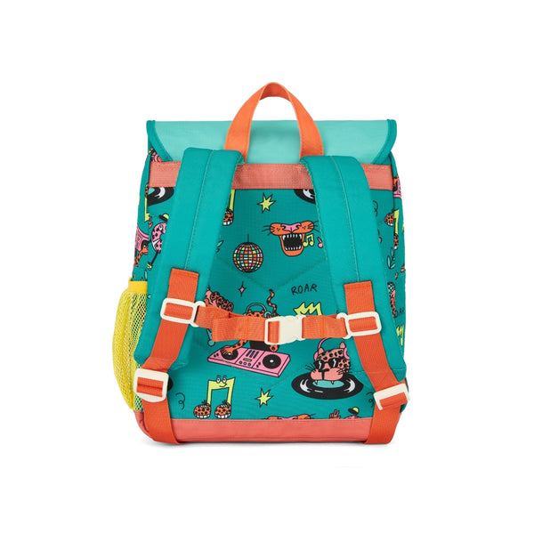 Mochila Pequena Quadrada Hello Hossy em poliéster reciclado, impermeável, com compartimento para cadernos A4, bolso para garrafa de água, alças acolchoadas e capacidade de 7,3 L para crianças dos 2 aos 5 anos. Disco Roar