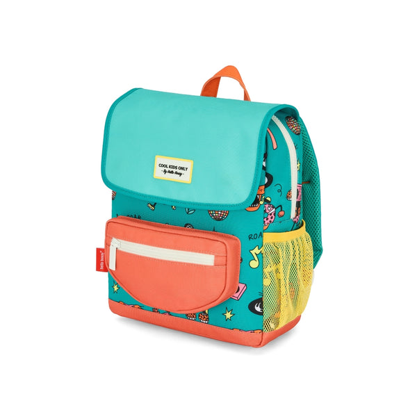 Mochila Pequena Quadrada Hello Hossy em poliéster reciclado, impermeável, com compartimento para cadernos A4, bolso para garrafa de água, alças acolchoadas e capacidade de 7,3 L para crianças dos 2 aos 5 anos. Disco Roar