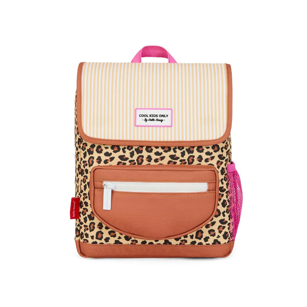 Mochila Pequena Quadrada Hello Hossy em poliéster reciclado, impermeável, com compartimento para cadernos A4, bolso para garrafa de água, alças acolchoadas e capacidade de 7,3 L para crianças dos 2 aos 5 anos. Leopard