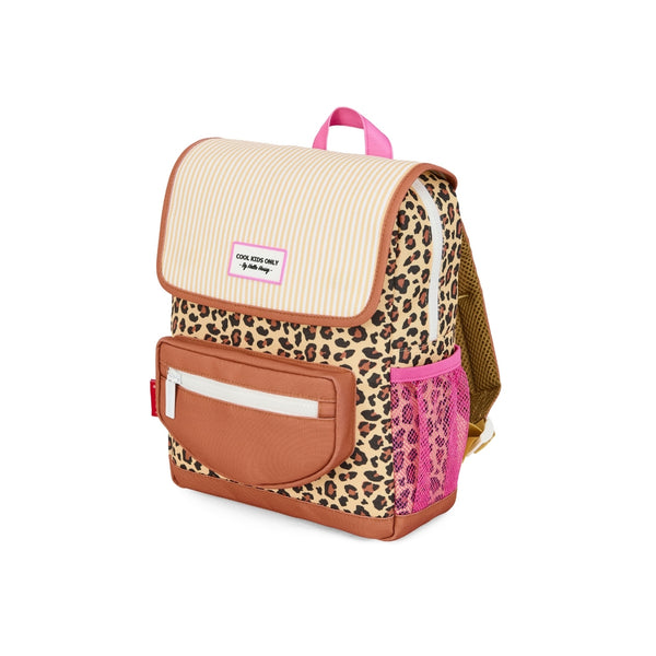 Mochila Pequena Quadrada Hello Hossy em poliéster reciclado, impermeável, com compartimento para cadernos A4, bolso para garrafa de água, alças acolchoadas e capacidade de 7,3 L para crianças dos 2 aos 5 anos. Leopard