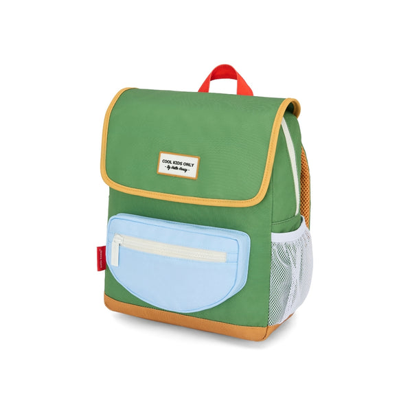 Mochila Pequena Quadrada Hello Hossy em poliéster reciclado, impermeável, com compartimento para cadernos A4, bolso para garrafa de água, alças acolchoadas e capacidade de 7,3 L para crianças dos 2 aos 5 anos. Mini Green Lake