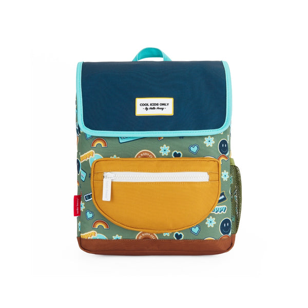 Mochila Pequena Quadrada Hello Hossy em poliéster reciclado, impermeável, com compartimento para cadernos A4, bolso para garrafa de água, alças acolchoadas e capacidade de 7,3 L para crianças dos 2 aos 5 anos. Smiley