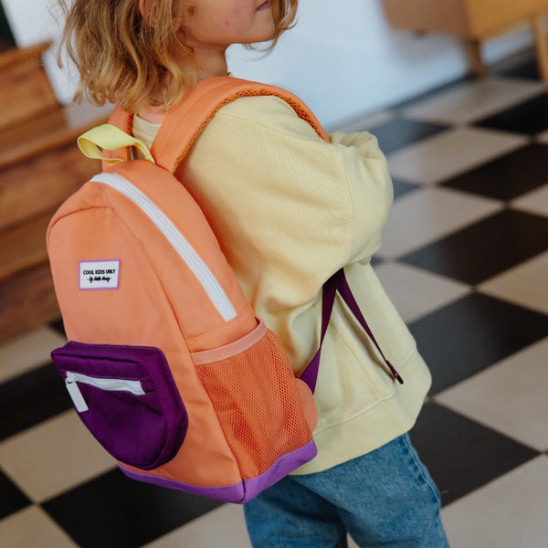 Mochila Pequena Redonda Hello Hossy em poliéster reciclado, impermeável, com formato A4, costas e alças acolchoadas, bolso para garrafa de água e capacidade de 7,3 L para crianças dos 2 aos 5 anos.
Peach Pop