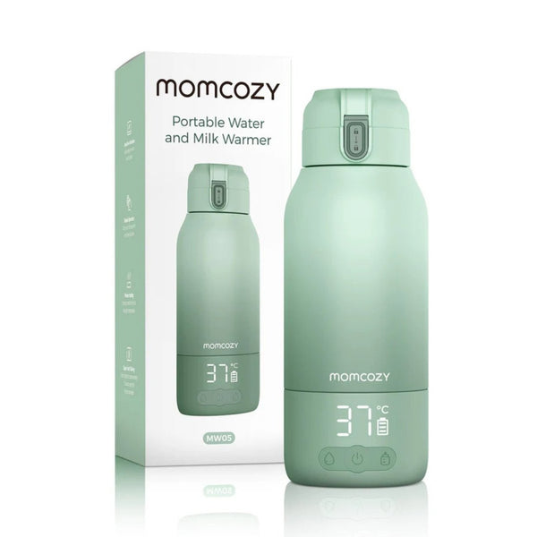 Aquecedor Portátil de Leite e Água Momcozy com controlo preciso de temperatura, aquecimento rápido e design compacto, ideal para viagens e alimentação do bebé fora de casa. Verde