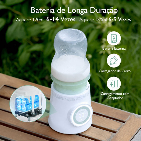 Aquecedor de Biberões de Viagem Momcozy portátil para aquecer leite materno e fórmula de forma rápida, uniforme e segura durante passeios e viagens. Verde