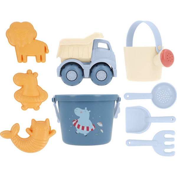 Conjunto de Praia Monnëka 2026 com 9 peças, incluindo balde, camião, regador, pá, ancinho, colher e moldes para brincar na areia. Hippos