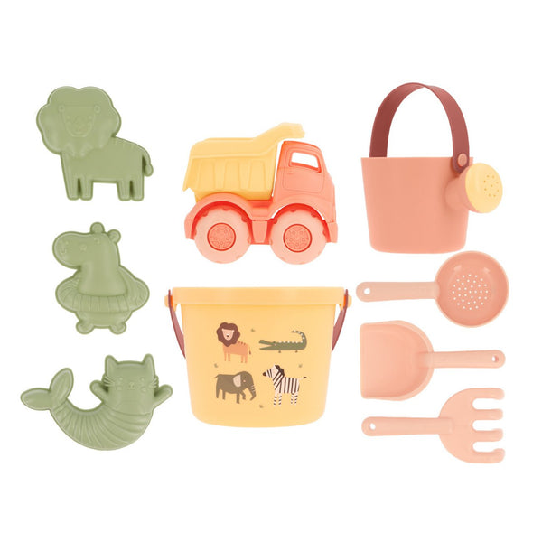 Conjunto de Praia Monnëka 2026 com 9 peças, incluindo balde, camião, regador, pá, ancinho, colher e moldes para brincar na areia. Wild animal