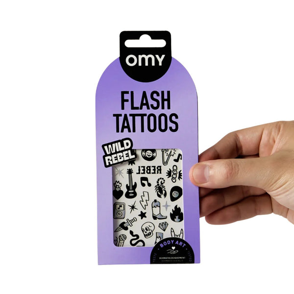 Folha de Flash Tattoos com 46 tatuagens temporárias em estilo rock'n'roll, fáceis de aplicar e remover, ideais para festas, festivais e momentos criativos. Wild Rebel