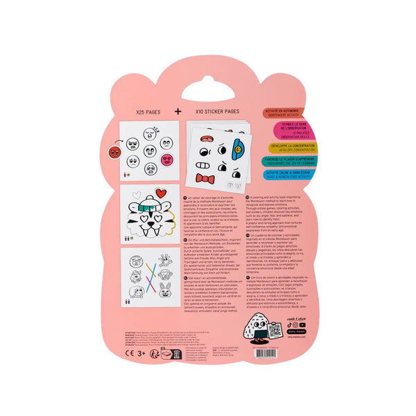 Montessori Stickers Book com 25 páginas para colorir e 10 páginas de autocolantes, desenvolvido para estimular a criatividade, a motricidade fina e a aprendizagem de cores e emoções. Emotions
