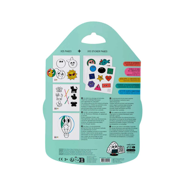 Montessori Stickers Book com 25 páginas para colorir e 10 páginas de autocolantes, desenvolvido para estimular a criatividade, a motricidade fina e a aprendizagem de cores e emoções. Geometric Shapes