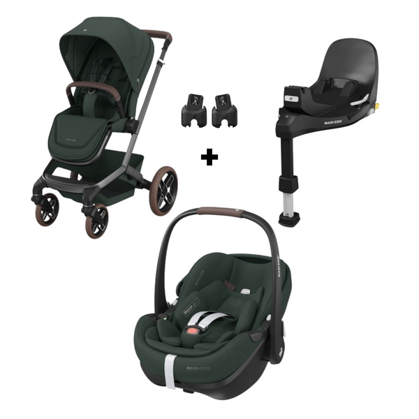 PACK MAXI-COSI FAME DUO com carrinho Fame, alcofa ajustável, cadeira auto Pebble 360 Pro 2, Base FamilyFix 360 Pro ISOFIX e adaptadores incluídos. Sistema de viagem premium desde o nascimento até aos 22 kg. Twillic Green