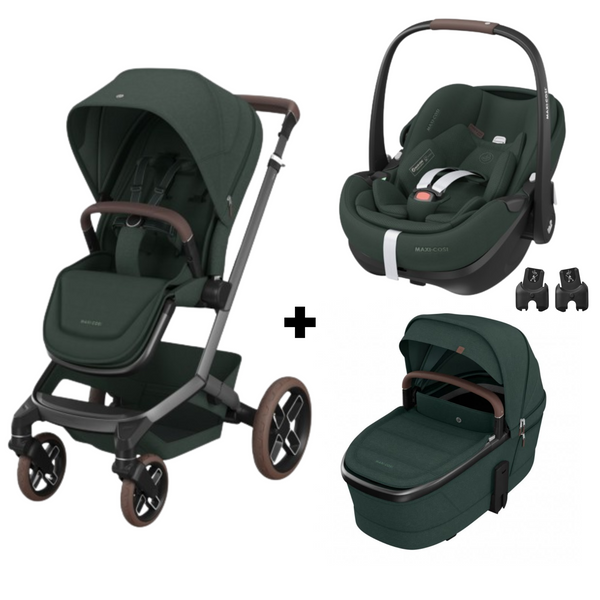 PACK MAXI-COSI FAME TRIO com carrinho Fame, alcofa ajustável e respirável, cadeira auto Pebble 360 Pro 2 homologada i-Size e adaptadores incluídos. Sistema de viagem premium desde o nascimento. Twillic Black