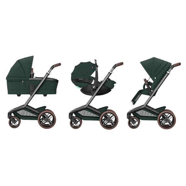 PACK MAXI-COSI FAME TRIO com carrinho Fame, alcofa ajustável e respirável, cadeira auto Pebble 360 Pro 2 homologada i-Size e adaptadores incluídos. Sistema de viagem premium desde o nascimento. Twillic Black