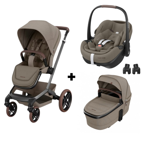 PACK MAXI-COSI FAME TRIO com carrinho Fame, alcofa ajustável e respirável, cadeira auto Pebble 360 Pro 2 homologada i-Size e adaptadores incluídos. Sistema de viagem premium desde o nascimento. Twillic Truffle