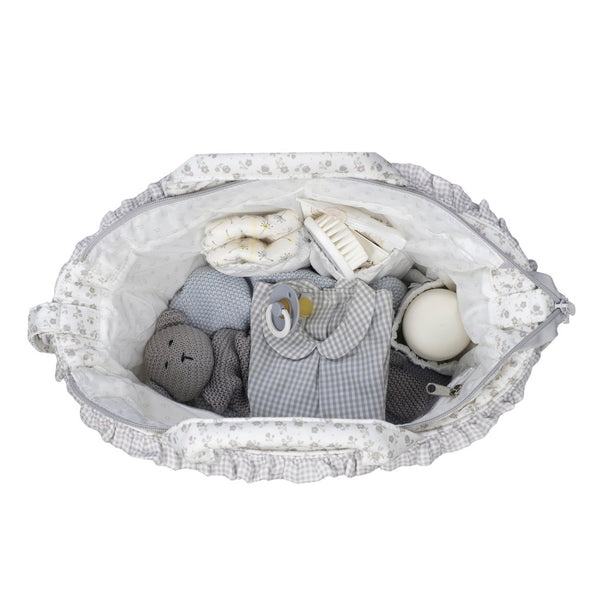 Mala de maternidade Pasito a Pasito Little Bloom Flowers Grey com compartimentos e muda-fraldas incluído