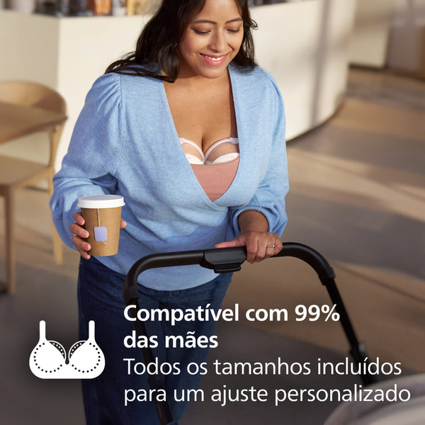Bomba Tira-Leite Elétrica Dupla Mãos-Livres Philips Avent Natural Care SCF495/21, com dois copos transparentes, tecnologia SkinSense e sucção ajustável.
