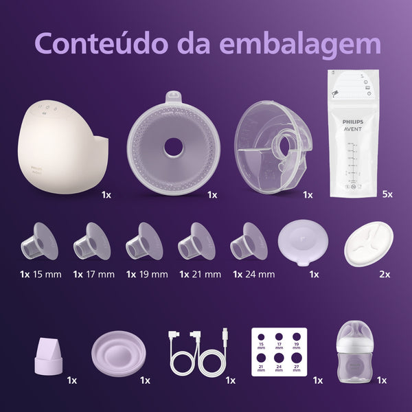 Bomba Tira-Leite Elétrica Dupla Mãos-Livres Philips Avent Natural Care SCF495/21, com dois copos transparentes, tecnologia SkinSense e sucção ajustável.