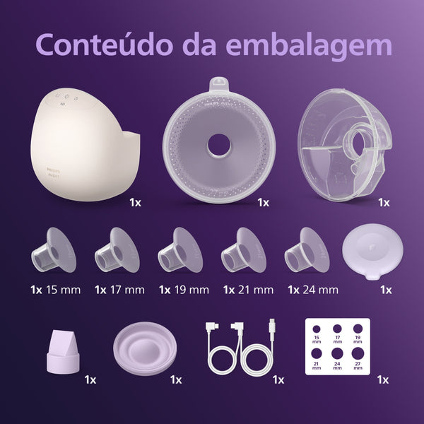 Bomba Tira-Leite Elétrica Portátil Mãos-Livres Philips Avent Natural Care SCF494/01, com copo transparente, protetor SkinSense e 16 níveis de sucção ajustáveis.