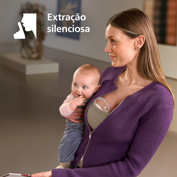 Bomba Tira-Leite Elétrica Portátil Mãos-Livres Philips Avent Natural Care SCF494/01, com copo transparente, protetor SkinSense e 16 níveis de sucção ajustáveis.