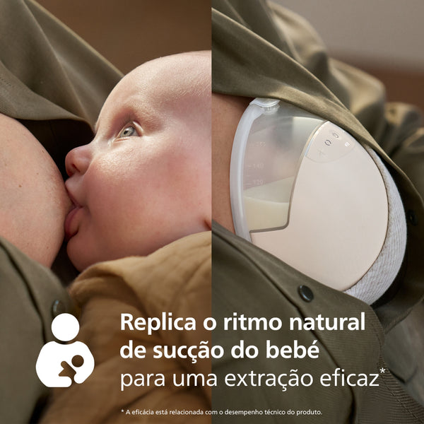 Bomba Tira-Leite Elétrica Portátil Mãos-Livres Philips Avent Natural Care SCF494/01, com copo transparente, protetor SkinSense e 16 níveis de sucção ajustáveis.