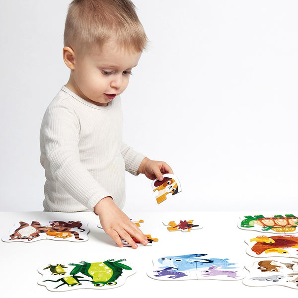 Primeiros Puzzles infantis com 7 puzzles e 14 peças para crianças a partir dos 12 meses, ideais para estimular a observação e coordenação motora. Animais