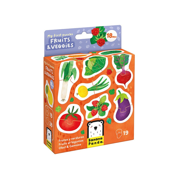 Primeiros Puzzles infantis com 7 puzzles e 14 peças para crianças a partir dos 12 meses, ideais para estimular a observação e coordenação motora. Frutas e Vegetais