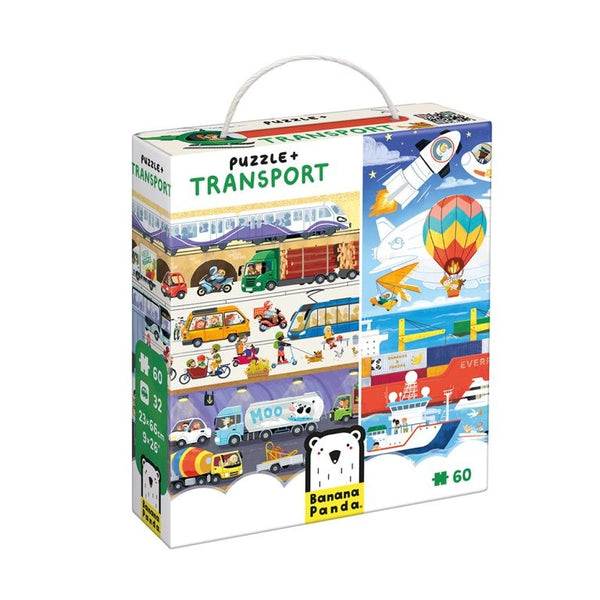 Puzzle+ infantil de veículos com 24 peças e 32 cartões de observação e associação, indicado para crianças a partir dos 2 anos. Transportes