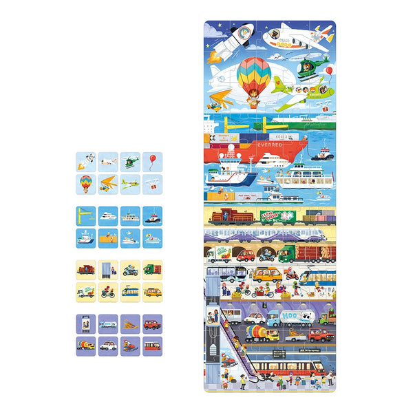 Puzzle+ infantil de veículos com 24 peças e 32 cartões de observação e associação, indicado para crianças a partir dos 2 anos. Transportes