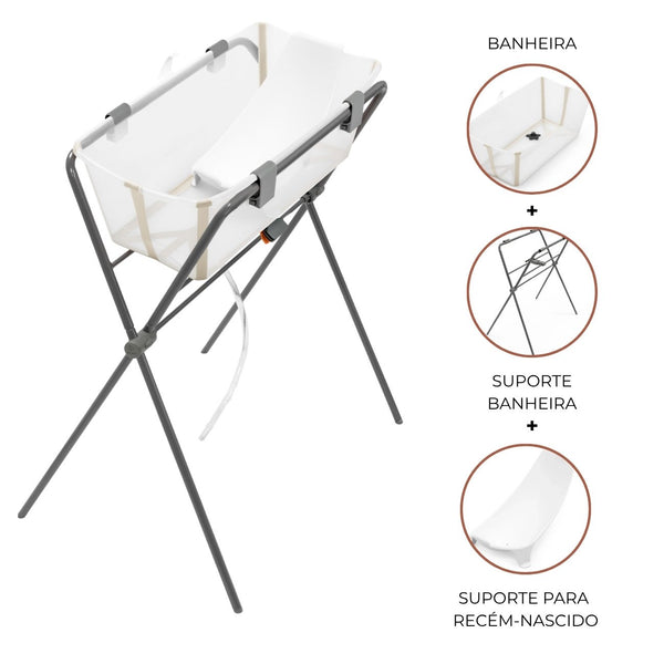 Conjunto Stokke® Flexi Bath® com banheira dobrável, suporte para recém-nascido e suporte para banheira, ideal para um banho confortável e seguro desde o nascimento. Sandy Beige